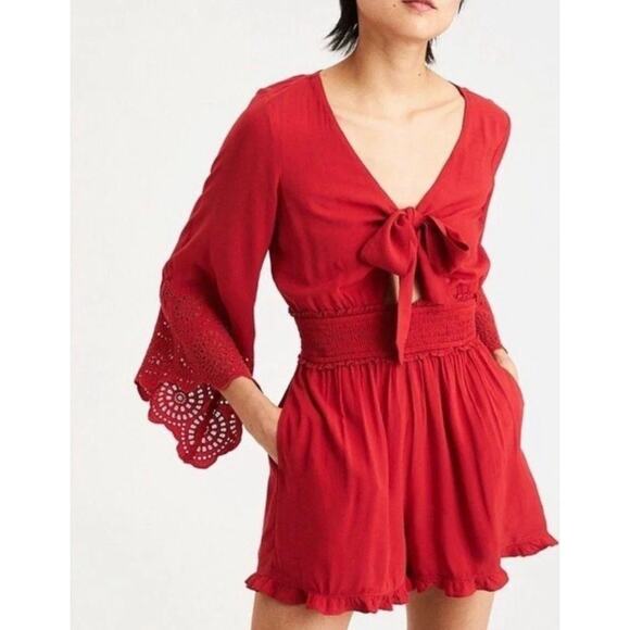 American Eagle Red Romper Tie Front Cut Out Bell Sleeve Smocked Ruffle Size M - Picture 1 of 8